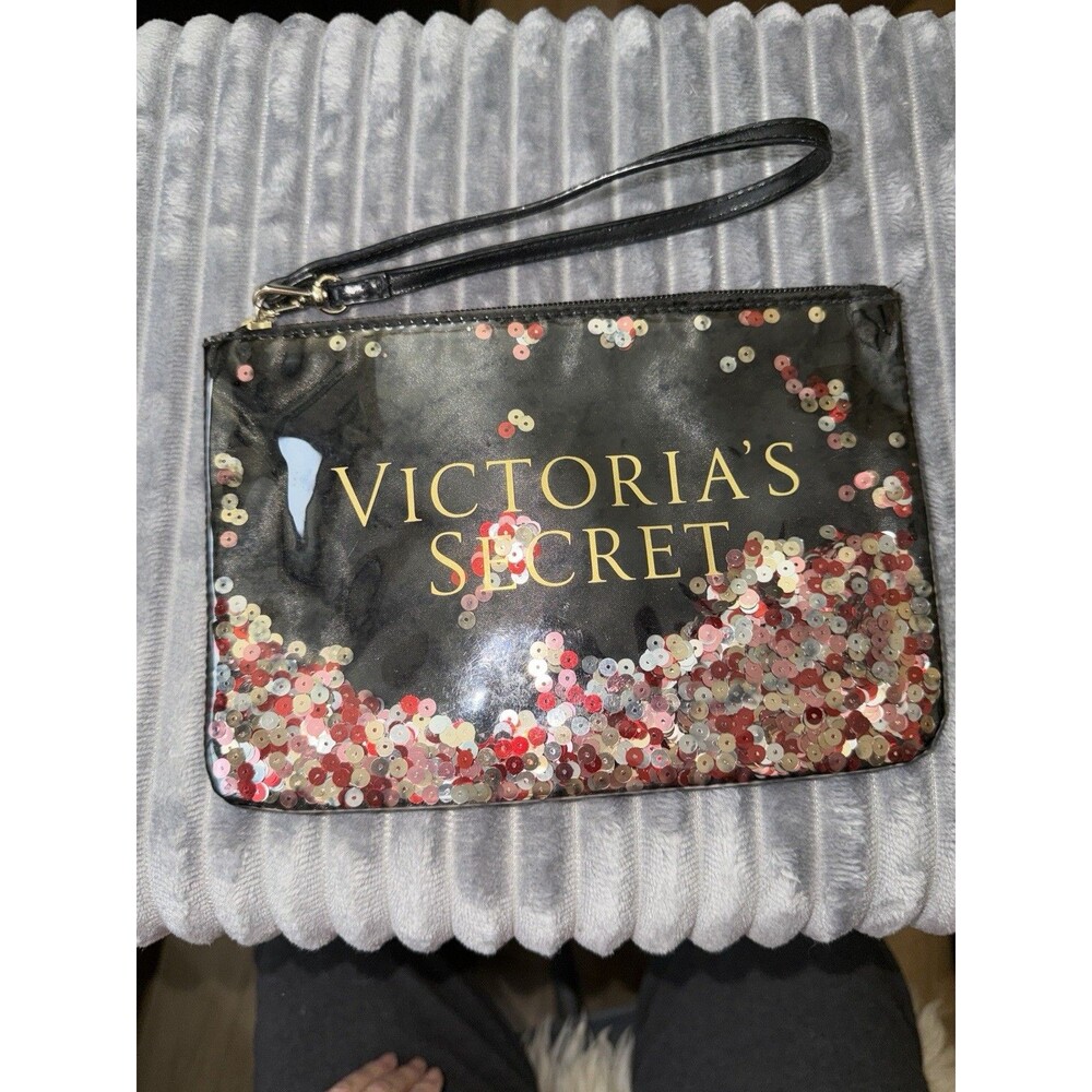 Victoria's Secret BLACK SEQUINS PV LEATHER MAKEUP ZIP CASE COSMETIC BAG WRISTLET